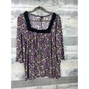 Olivia Paige 3X Purple Floral Square Black Rose Fringe Neck 3/4 Sleeve Blouse